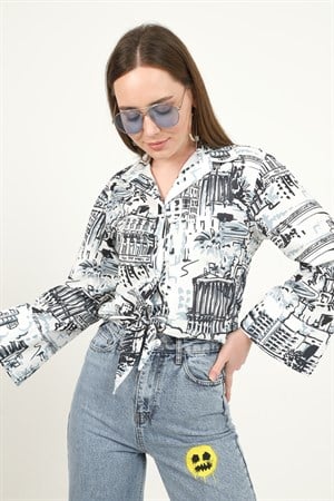 Beyaz Desenli Belden Kuşaklı Bluz