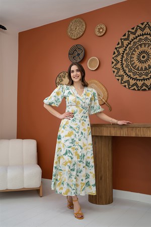 Yeşil Desenli Keten Elbise