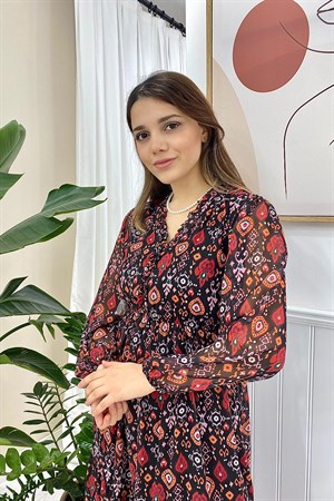 Kırmızı Desenli Şifon Elbise