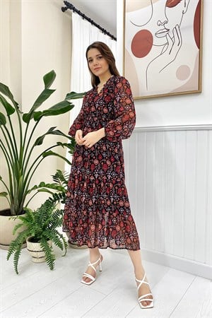 Kırmızı Desenli Şifon Elbise