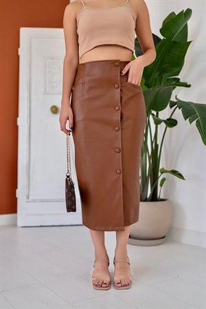 Düğmeli Deri Etek