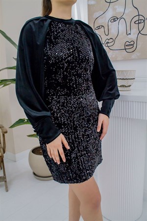 Siyah Pul Payet Kadife Elbise