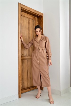 Vizon Kemerli Deri Elbise