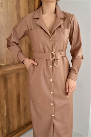 Vizon Kemerli Deri Elbise