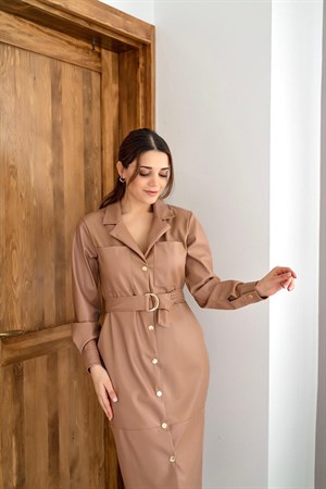 Vizon Kemerli Deri Elbise