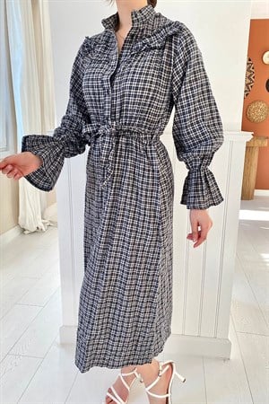 Gri Kuşaklı Volanlı Elbise