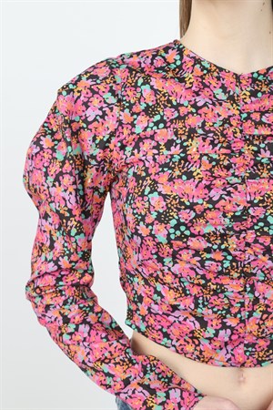 Pembe Önü Büzgülü Çiçekli Bluz