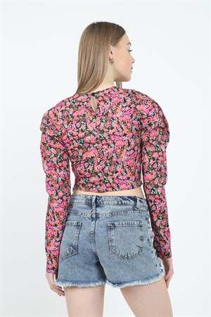 Pembe Önü Büzgülü Çiçekli Bluz
