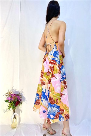 Mavi Sırt Dekolteli Keten Elbise