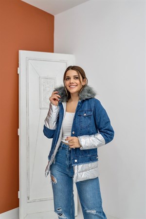 Gri Şişme Kot Mont