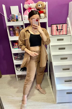 Kahverengi Yıkamalı Gömlek Pantolon Takım