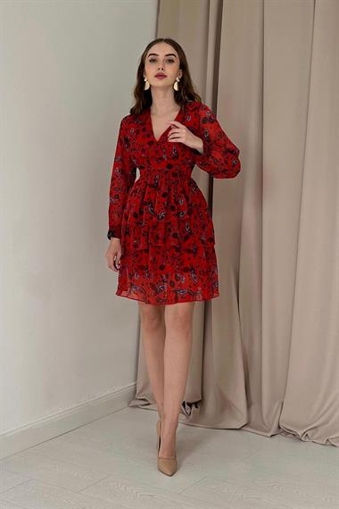 Kırmızı Eteği Kat Kat V Yaka Elbise