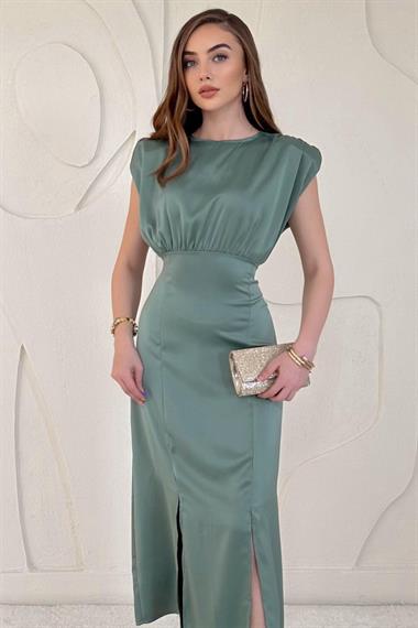 Mint Eteği Yırtmaç Detaylı Helen Elbise