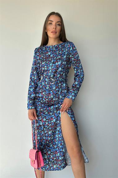 Mavi Eteği Yırtmaçlı Kemerli Elbise