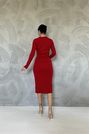 Kırmızı Eteği Yırtmaçlı Triko Elbise