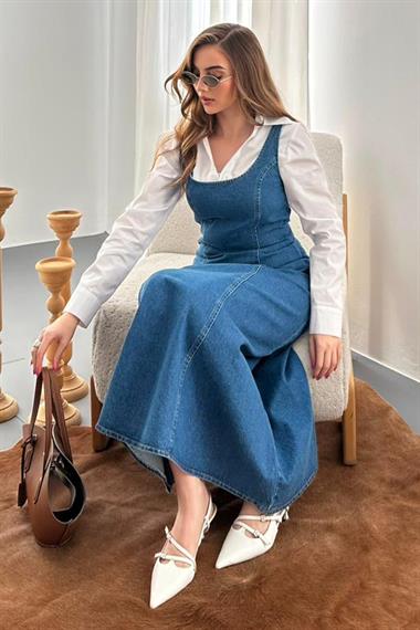 Mavi Fermuar Detaylı Askılı Denim