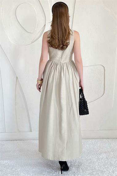 Bej Fermuarlı Kalın Askılı Keten Elbise