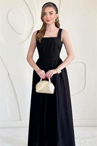 Siyah Fermuarlı Kalın Askılı Keten Elbise