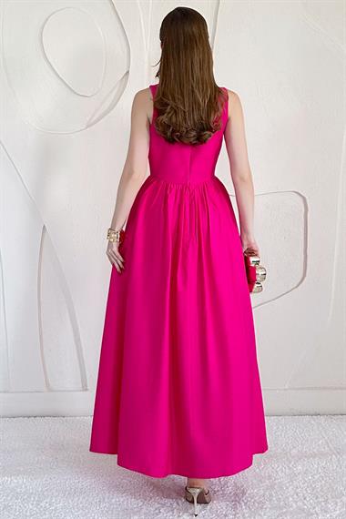 Fuşya Fermuarlı Kalın Askılı Keten Elbise