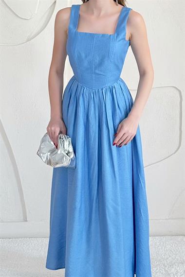 Mavi Fermuarlı Kalın Askılı Keten Elbise