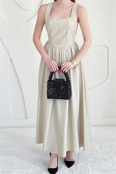 Bej Fermuarlı Kalın Askılı Keten Elbise