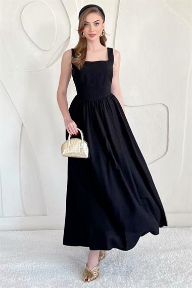 Siyah Fermuarlı Kalın Askılı Keten Elbise