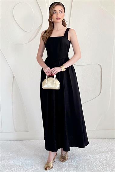 Siyah Fermuarlı Kalın Askılı Keten Elbise