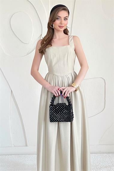 Bej Fermuarlı Kalın Askılı Keten Elbise