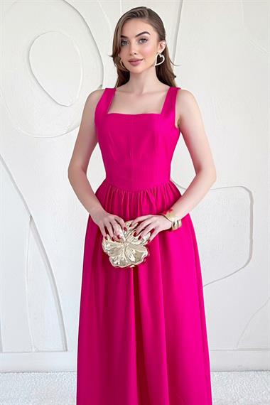 Fuşya Fermuarlı Kalın Askılı Keten Elbise