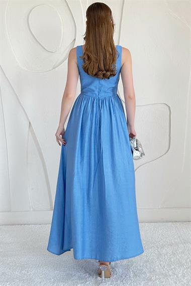 Mavi Fermuarlı Kalın Askılı Keten Elbise