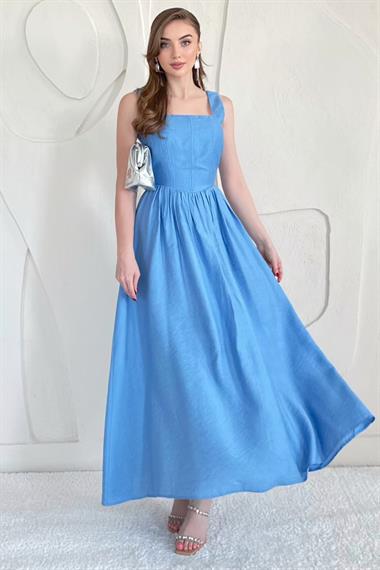 Mavi Fermuarlı Kalın Askılı Keten Elbise