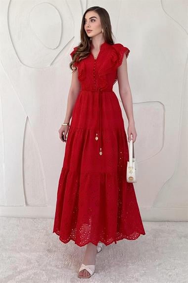 Kırmızı Fırfırlı Düğmeli Elbise