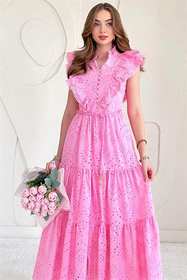 Pembe Fırfırlı Düğmeli Elbise