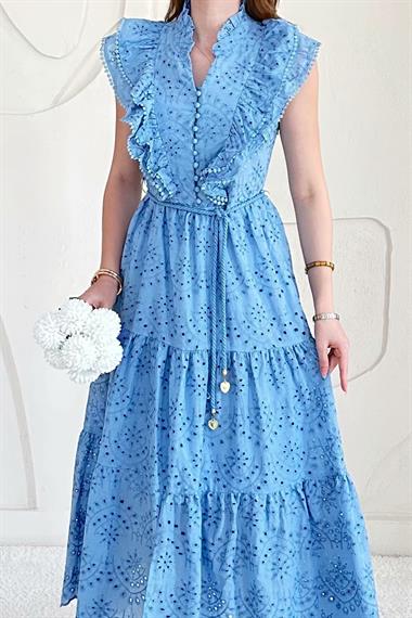 Mavi Fırfırlı Düğmeli Elbise