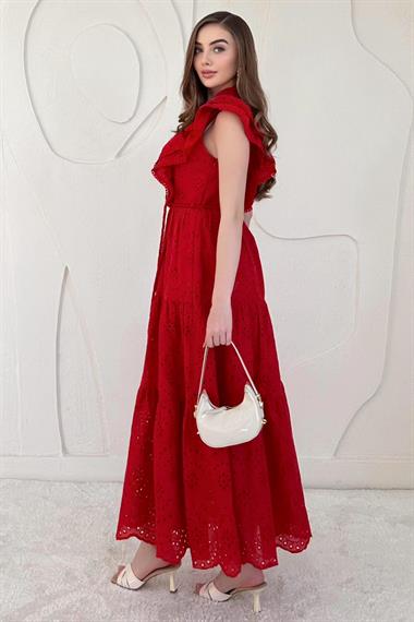 Kırmızı Fırfırlı Düğmeli Elbise