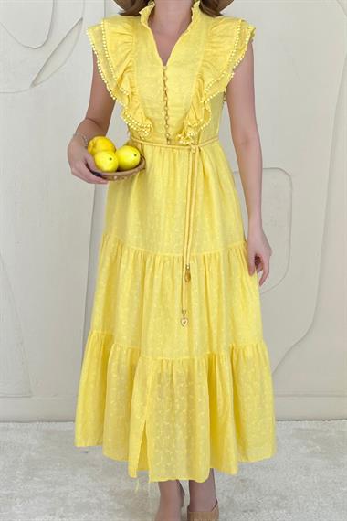 Hardal Fırfırlı Düğmeli Elbise