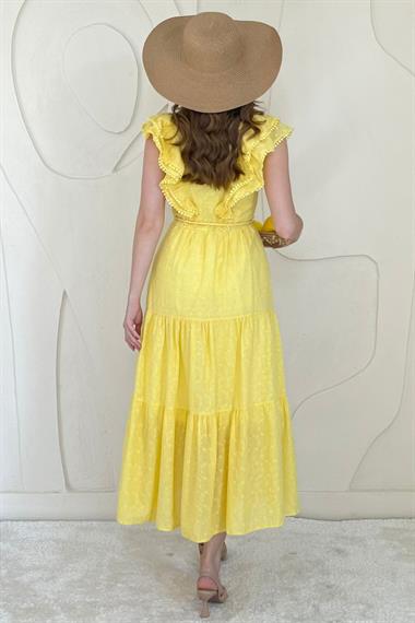 Hardal Fırfırlı Düğmeli Elbise