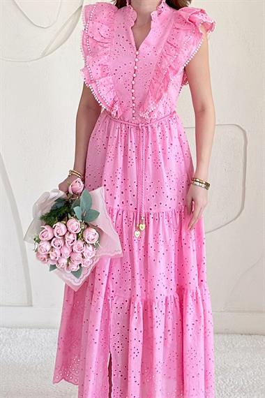 Pembe Fırfırlı Düğmeli Elbise