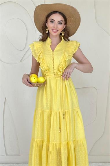 Hardal Fırfırlı Düğmeli Elbise