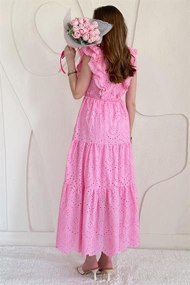 Pembe Fırfırlı Düğmeli Elbise