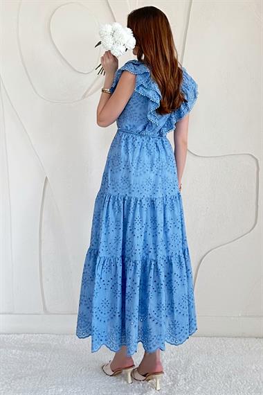 Mavi Fırfırlı Düğmeli Elbise