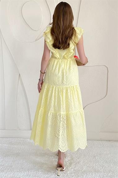 Sarı Fırfırlı Düğmeli Elbise