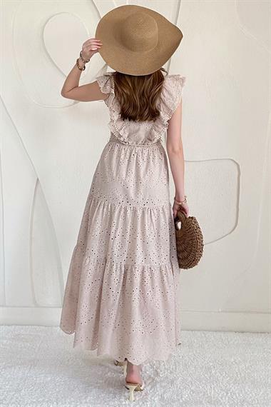 Bej Fırfırlı Düğmeli Elbise