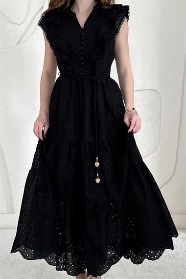 Siyah Fırfırlı Düğmeli Elbise