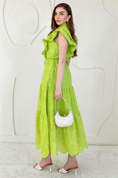 Yağ Yeşili Fırfırlı Düğmeli Elbise