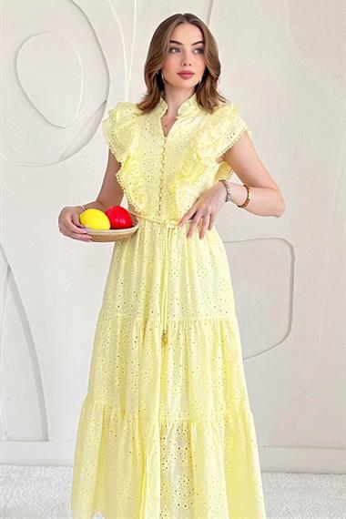 Sarı Fırfırlı Düğmeli Elbise