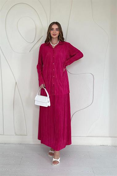 Fuşya Fitilli Gömlek ve Uzun Etek Takım