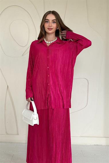 Fuşya Fitilli Gömlek ve Uzun Etek Takım