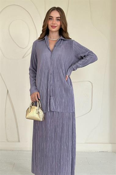 Gri Fitilli Gömlek ve Uzun Etek Takım