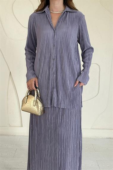 Gri Fitilli Gömlek ve Uzun Etek Takım